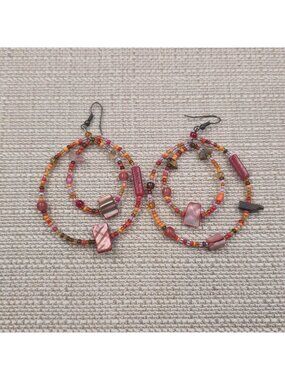 Handmade Red and Orange Beaded Hoop Dangle Earrings B1220